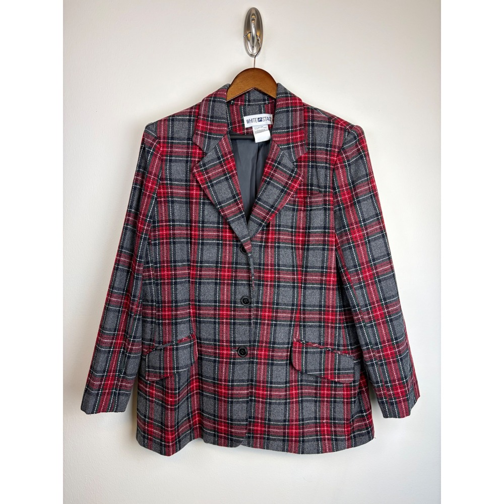 Vintage 90s White Stag Blazer 12 Red Plaid Wool Blend Dark Academia Jacket Coat